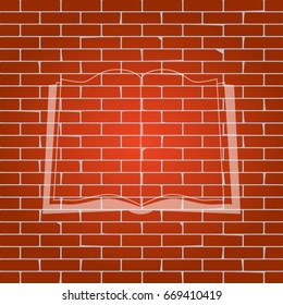 Book sign. Vector. Whitish icon on brick wall as background.