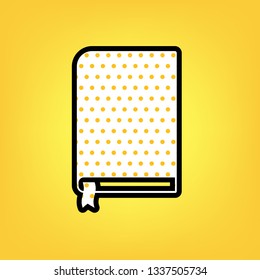 Book sign. Vector. Yellow polka dot white icon with black contour at warm yellow background.