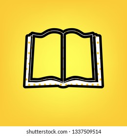 Book sign. Vector. Yellow polka dot white icon with black contour at warm yellow background.