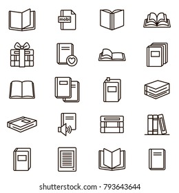 Book Signs Black Thin Line Icon Set Include Of Textbook, Encyclopedia, Pile Or Stack. Vector Illustration Of Books
