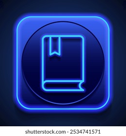 Book simple icon vector. Flat design. Blue neon style on button. With shadow.ai