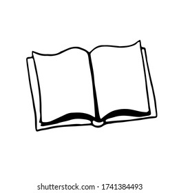 Book. Simple outline drawing of opened book, doodle. Vector hand drawn illustration in black and white. Isolated on white background