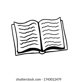 Book. Simple outline drawing of opened book, doodle. Vector hand drawn illustration in black and white. Isolated on white background