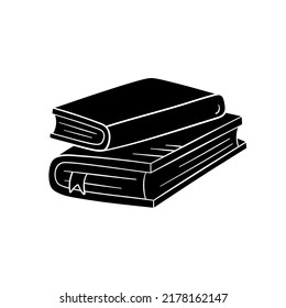 Book in simple style, vector illustration. Icon of book silhouette stack with ribbon for print and design. Isolated element on a white background. Back to school concept, hand drawn graphic sketch