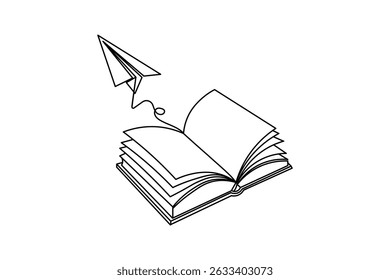 Libro de dibujo de una sola línea de un libro abierto sobre un fondo blanco