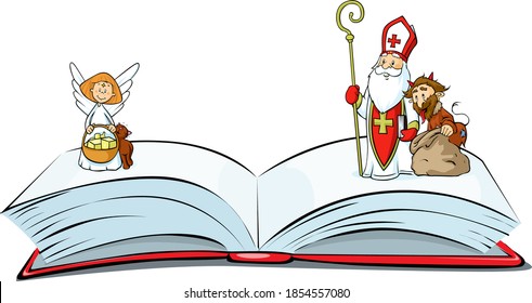 Book of sins is Open - Saint Nicholas, devil and angel   Standing Over - Vector