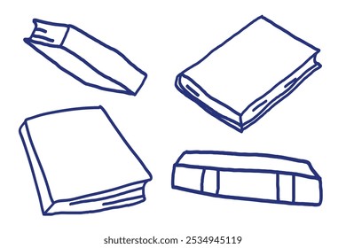 Book sketch set. Hand drawn blue pen or marker drawing. Primitive kids picture