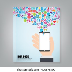 Book smart phone and cloud technology with social network icons background 