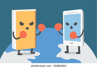 Book and smart phone wearing boxing gloves standing on the world and then face to face ready to fighting.