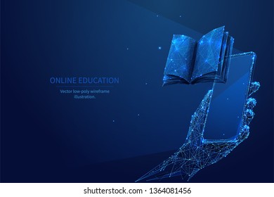 Book and smartphone in a hand. Low poly wireframe online education blue background or concept with opened book. Digital Vector illustration. Online reading or courses. Abstract polygonal image.