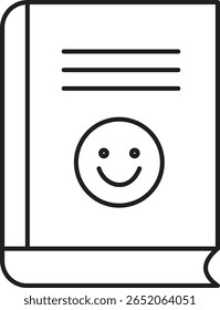 Livro com ícone de rosto sorridente representando livro infantil, leitura positiva ou texto de autoajuda com fundo transparente