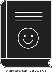 Livro com ícone de rosto sorridente representando livro infantil, leitura positiva ou texto de autoajuda com fundo transparente
