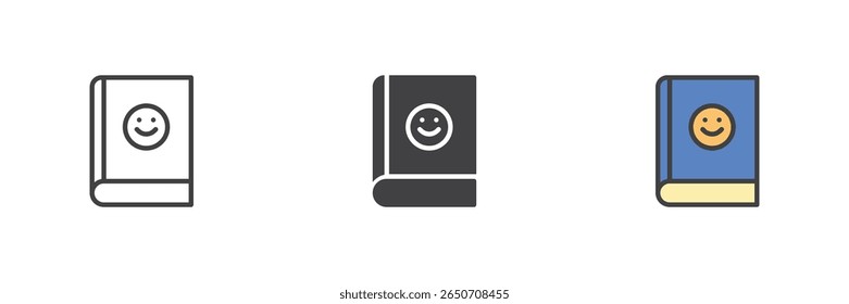 Book with smiley face icon set. Includes outline, solid and filled outline colorful styles. Positive learning, emotion and education vector icon.