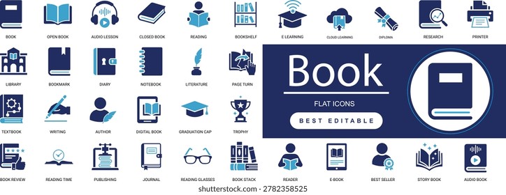  Book Solid Icon Set. Reading, Education, Library, Knowledge, Textbook, Learning, Literature, Diary, Ebook, Bookstore. Editable Vector Illustration.