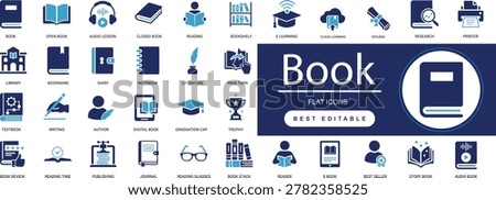  Book Solid Icon Set. Reading, Education, Library, Knowledge, Textbook, Learning, Literature, Diary, Ebook, Bookstore. Editable Vector Illustration.