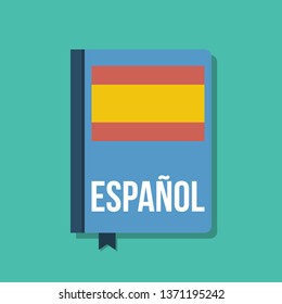 book with spain flag and espanol letters, flat vector illustration