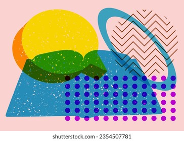 Book with speech bubble and colorful geometric shapes. Educational Object in trendy riso graph design. Geometry elements abstract risograph print texture style.