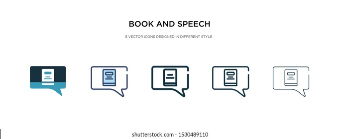 book and speech bubble icon in different style vector illustration. two colored and black book and speech bubble vector icons designed in filled, outline, line stroke style can be used for web,