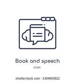 book and speech bubble icon from web outline collection. Thin line book and speech bubble icon isolated on white background.
