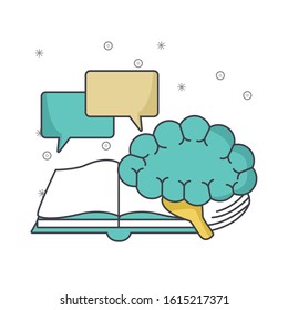 book with speech bubbles and brain over white background, vector illustration