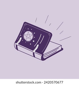 Book of spells with engraved pentagram on cover. Witchcraft, occultism and black magic. Symbol of witch or wizard. Element of Halloween. Ancient wisdom and magical incantations. Vector in flat style