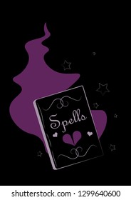 Book of spells flat vector postcard. Valentine’s Day romantic hand drawn illustration. Gothic black purple isolated design element. Romantic witchy magical stuff clipart. Vector vintage, retro sticker