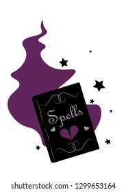 Book of spells flat vector postcard. Valentine’s Day vintage  illustration. Gothic black, purple isolated design element. Witchy magical stuff color clipart. Febrouary 14 love, romantic sticker 