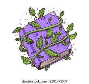 Book of spells. Halloween illustration. Witch magic book. Hand drawn vector illustration.