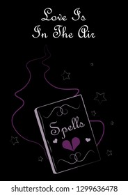 Book of spells outline vector postcard. Valentine’s Day romantic contour illustration. Gothic black, purple isolated design element. Witchy magical stuff linear clipart. Vector vintage, retro sticker 