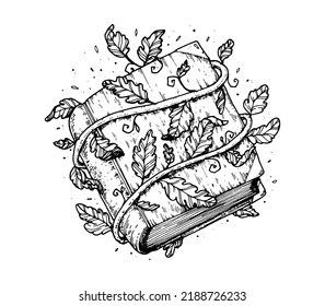 Book of spells sketch. Halloween illustration. Witch magic book. Hand drawn vector illustration. 