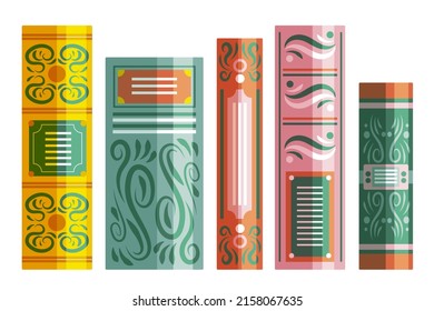 Book spine design. Stack of books. School books pile. Education book heap. Bookstore shelf, library bookshelf. Science literature. Study books cover. Textbook stack for reading. Vector illustration.