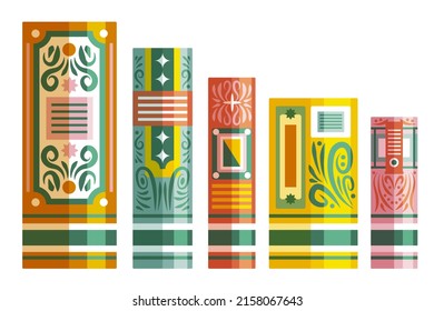 Book spine design. Stack of books. School books pile. Education book heap. Bookstore shelf, library bookshelf. Science literature. Study books cover. Textbook stack for reading. Vector illustration.