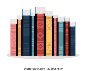 Book spine design. Stack of books. School books pile. Education book heap. Bookstore shelf, library bookshelf. Science literature. Study books cover. Textbook stack for reading. Vector illustration.