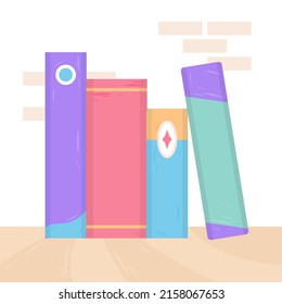 Book spine design. Stack of books. School books pile. Education book heap. Bookstore shelf, library bookshelf. Science literature. Study books cover. Textbook stack for reading. Vector illustration.