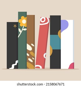 Book spine design. Stack of books. School books pile. Education book heap. Bookstore shelf, library bookshelf. Science literature. Study books cover. Textbook stack for reading. Vector illustration.