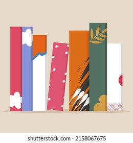 Book spine design. Stack of books. School books pile. Education book heap. Bookstore shelf, library bookshelf. Science literature. Study books cover. Textbook stack for reading. Vector illustration.