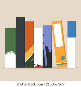 Book spine design. Stack of books. School books pile. Education book heap. Bookstore shelf, library bookshelf. Science literature. Study books cover. Textbook stack for reading. Vector illustration.