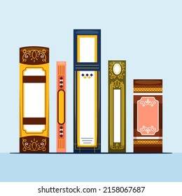 Book spine design. Stack of books. School books pile. Education book heap. Bookstore shelf, library bookshelf. Science literature. Study books cover. Textbook stack for reading. Vector illustration.