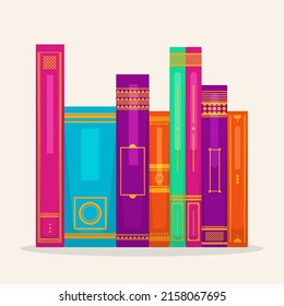 Book spine design. Stack of books. School books pile. Education book heap. Bookstore shelf, library bookshelf. Science literature. Study books cover. Textbook stack for reading. Vector illustration.