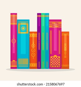 Book spine design. Stack of books. School books pile. Education book heap. Bookstore shelf, library bookshelf. Science literature. Study books cover. Textbook stack for reading. Vector illustration.