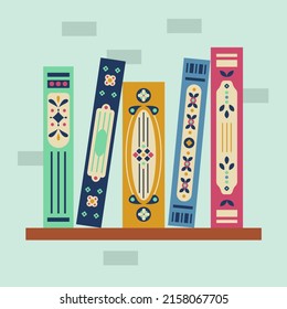 Book spine design. Stack of books. School books pile. Education book heap. Bookstore shelf, library bookshelf. Science literature. Study books cover. Textbook stack for reading. Vector illustration.