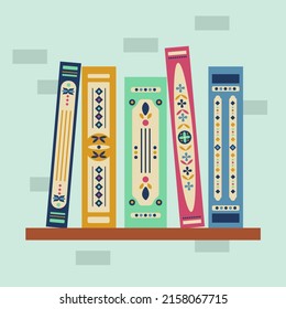Book spine design. Stack of books. School books pile. Education book heap. Bookstore shelf, library bookshelf. Science literature. Study books cover. Textbook stack for reading. Vector illustration.