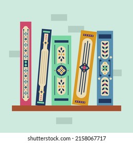 Book spine design. Stack of books. School books pile. Education book heap. Bookstore shelf, library bookshelf. Science literature. Study books cover. Textbook stack for reading. Vector illustration.