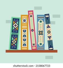 Book spine design. Stack of books. School books pile. Education book heap. Bookstore shelf, library bookshelf. Science literature. Study books cover. Textbook stack for reading. Vector illustration.