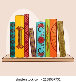 Book spine design. Stack of books. School books pile. Education book heap. Bookstore shelf, library bookshelf. Science literature. Study books cover. Textbook stack for reading. Vector illustration.