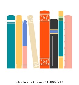 Book spine design. Stack of books. School books pile. Education book heap. Bookstore shelf, library bookshelf. Science literature. Study books cover. Textbook stack for reading. Vector illustration.