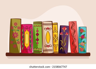 Book spine design. Stack of books. School books pile. Education book heap. Bookstore shelf, library bookshelf. Science literature. Study books cover. Textbook stack for reading. Vector illustration.