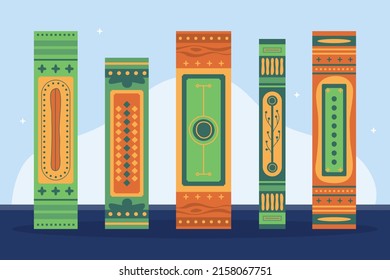 Book spine design. Stack of books. School books pile. Education book heap. Bookstore shelf, library bookshelf. Science literature. Study books cover. Textbook stack for reading. Vector illustration.