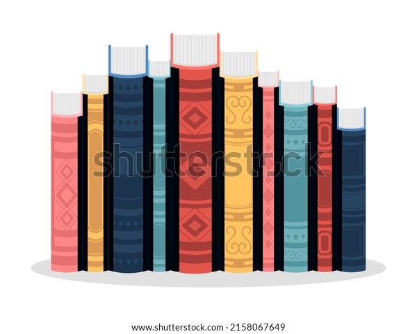 Book spine design. Stack of books. School\
books pile. Education book heap. Bookstore shelf, library\
bookshelf. Science literature. Study books cover. Textbook stack\
for reading. Vector\
illustration.