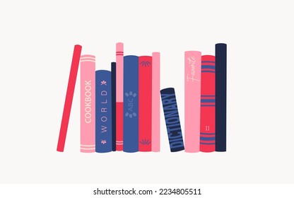 Book spines. Bookshelf with various books. Vector isolated illustration on white background.